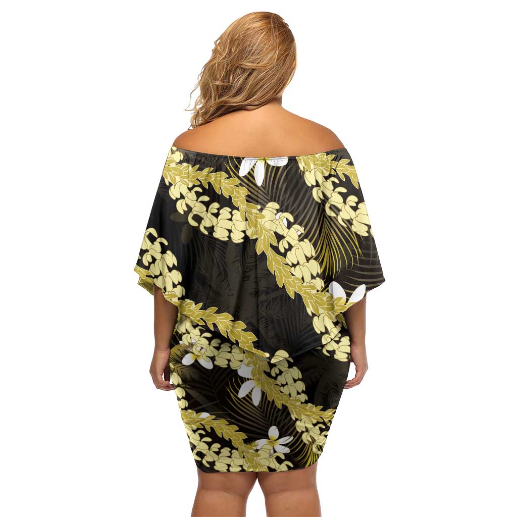 Puakenikeni Maile Lei Family Matching Off Shoulder Short Dress and Hawaiian Shirt Frangipani Yellow Tropical Leaves