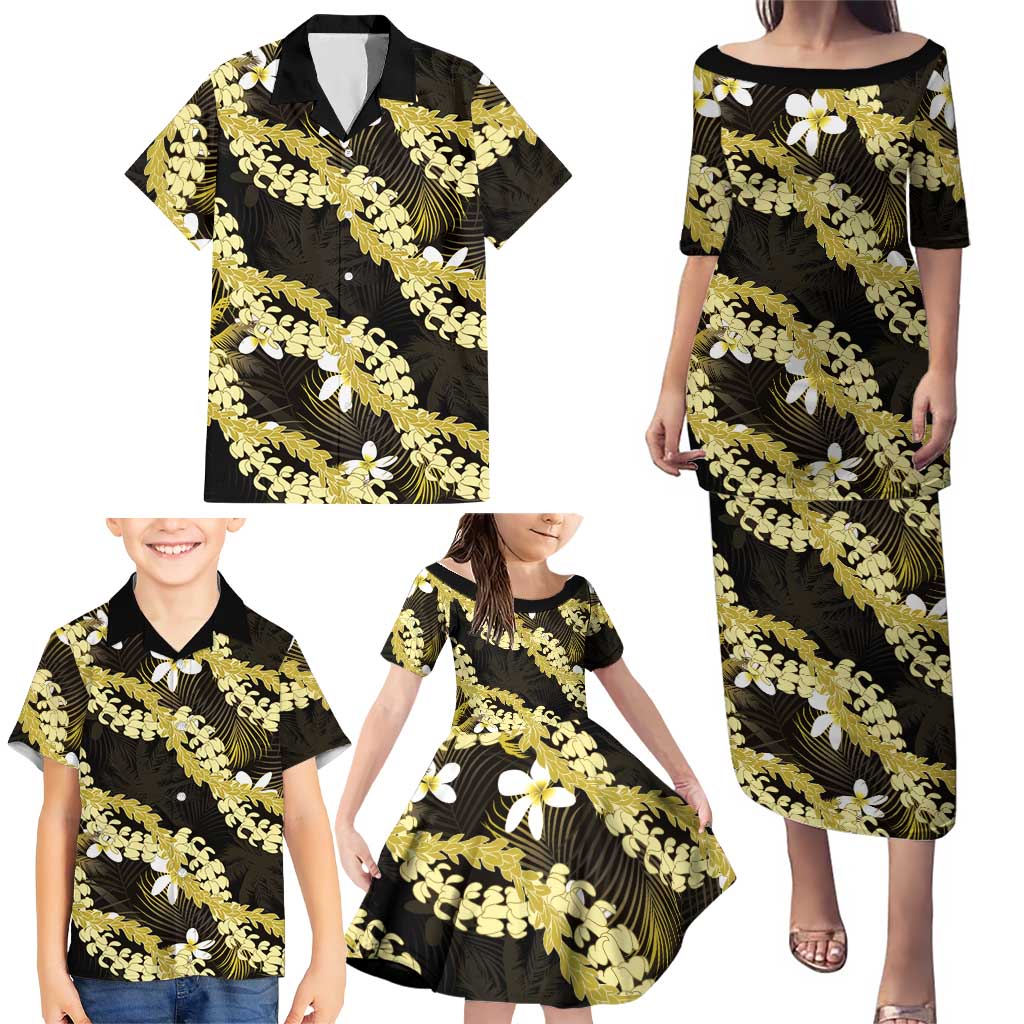 Puakenikeni Maile Lei Family Matching Puletasi and Hawaiian Shirt Frangipani Yellow Tropical Leaves