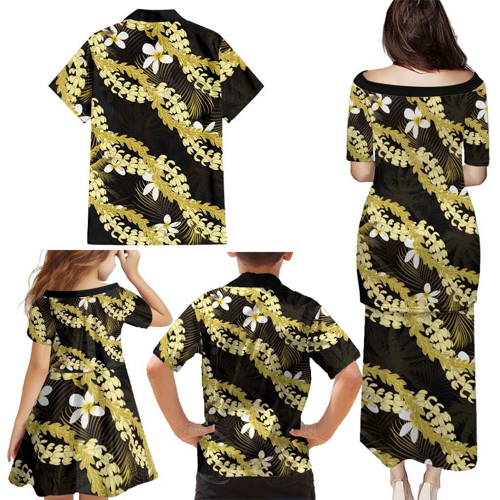 Puakenikeni Maile Lei Family Matching Puletasi and Hawaiian Shirt Frangipani Yellow Tropical Leaves