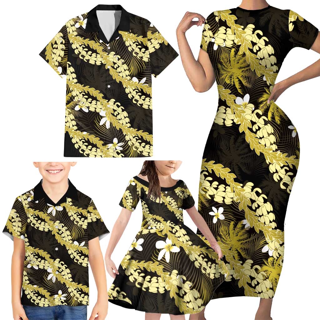 Puakenikeni Maile Lei Family Matching Short Sleeve Bodycon Dress and Hawaiian Shirt Frangipani Yellow Tropical Leaves