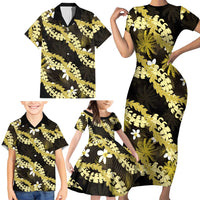 Puakenikeni Maile Lei Family Matching Short Sleeve Bodycon Dress and Hawaiian Shirt Frangipani Yellow Tropical Leaves