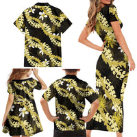 Puakenikeni Maile Lei Family Matching Short Sleeve Bodycon Dress and Hawaiian Shirt Frangipani Yellow Tropical Leaves