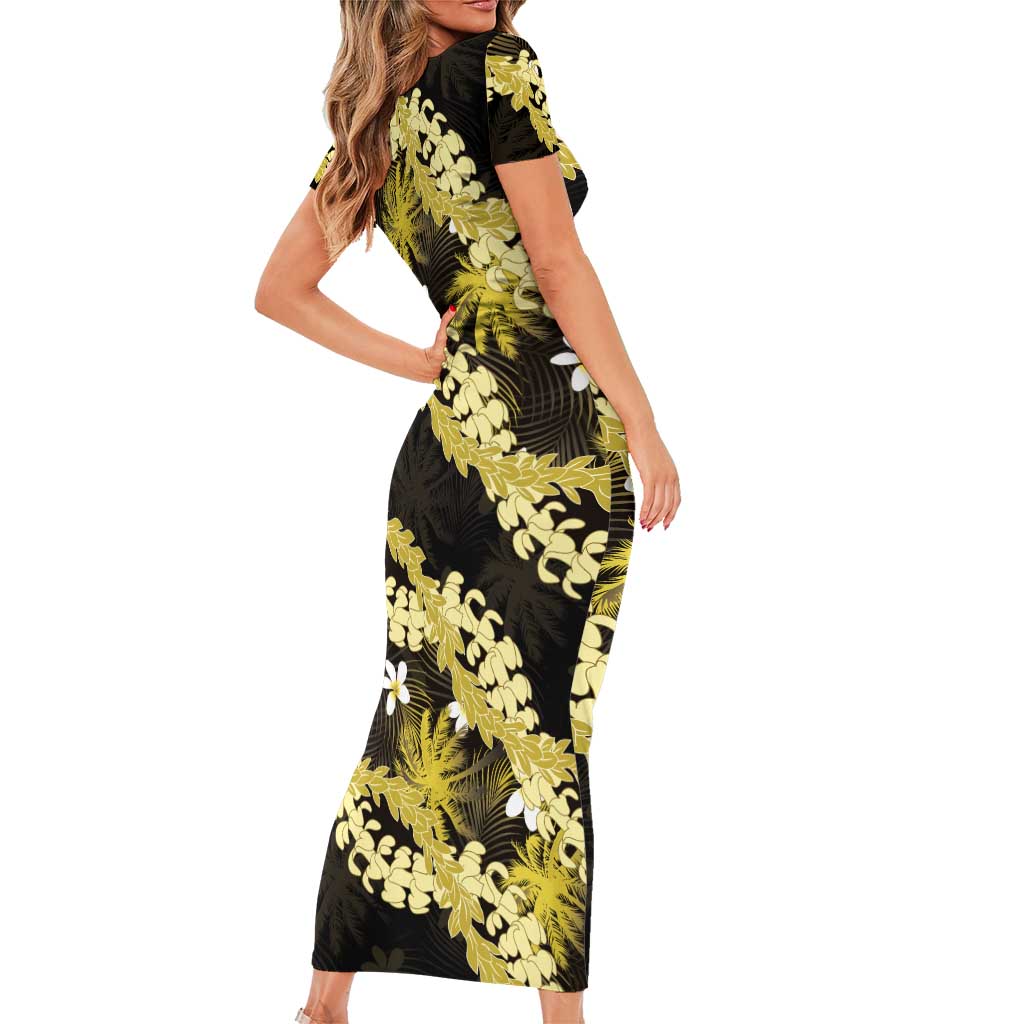 Puakenikeni Maile Lei Family Matching Short Sleeve Bodycon Dress and Hawaiian Shirt Frangipani Yellow Tropical Leaves