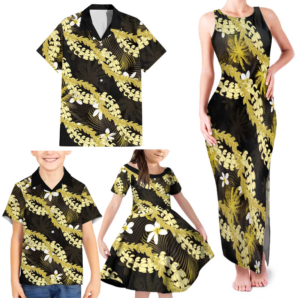 Puakenikeni Maile Lei Family Matching Tank Maxi Dress and Hawaiian Shirt Frangipani Yellow Tropical Leaves