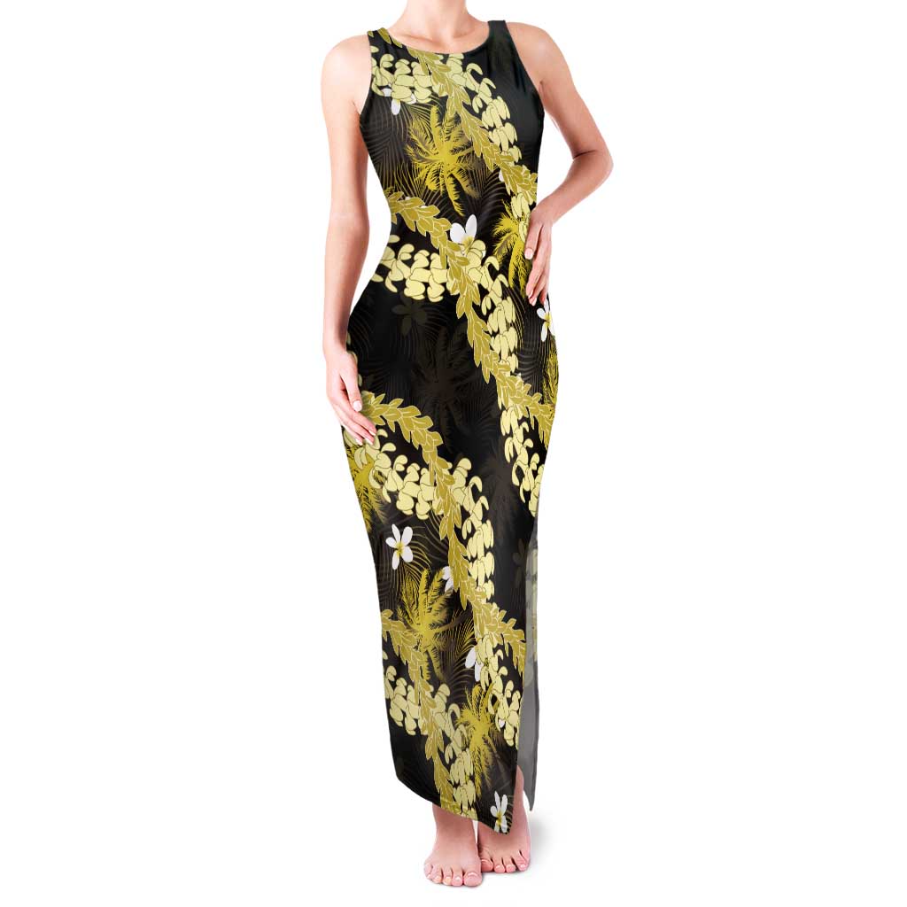 Puakenikeni Maile Lei Family Matching Tank Maxi Dress and Hawaiian Shirt Frangipani Yellow Tropical Leaves
