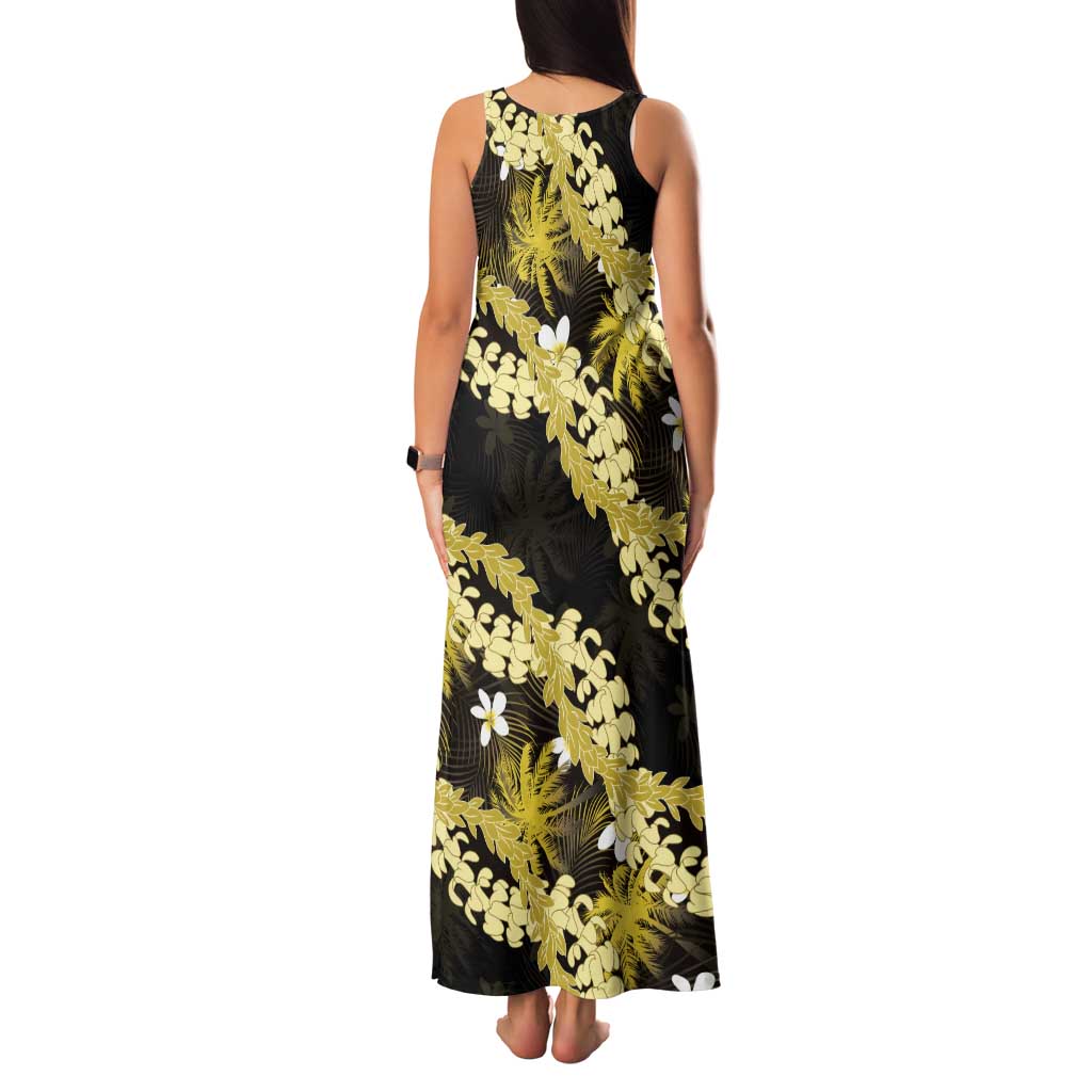 Puakenikeni Maile Lei Family Matching Tank Maxi Dress and Hawaiian Shirt Frangipani Yellow Tropical Leaves