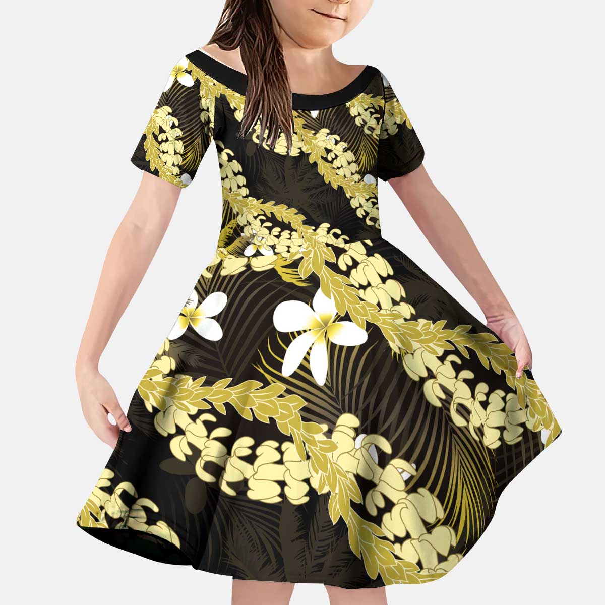 Puakenikeni Maile Lei Kid Short Sleeve Dress Frangipani Yellow Tropical Leaves LT01 KID Yellow - Polynesian Pride
