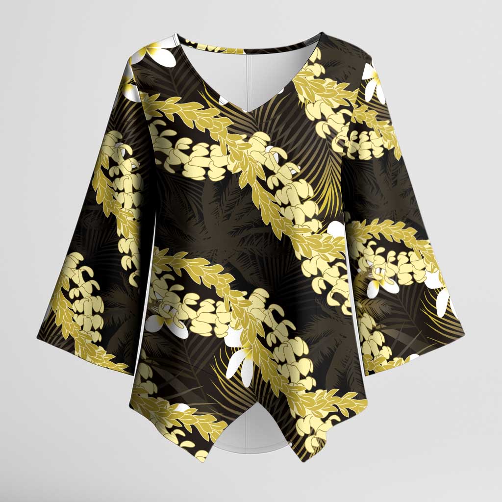 Puakenikeni Maile Lei Kimono Sleeve Blouse Frangipani Yellow Tropical Leaves