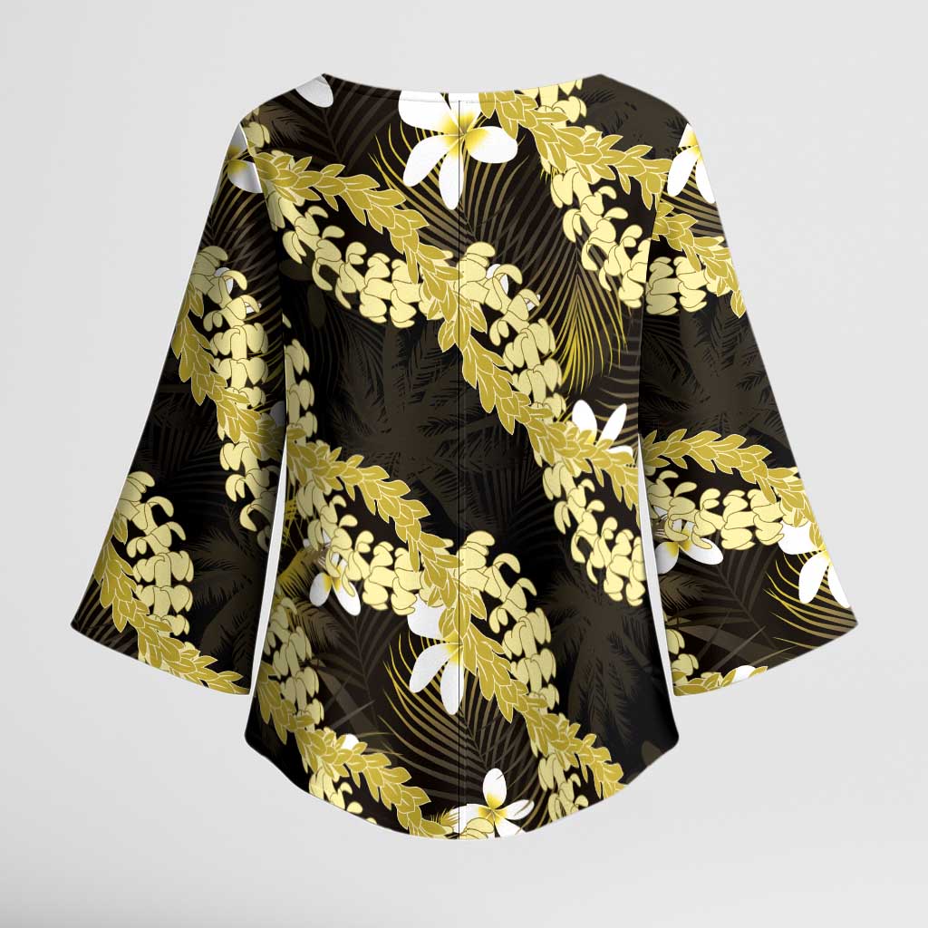 Puakenikeni Maile Lei Kimono Sleeve Blouse Frangipani Yellow Tropical Leaves LT01 - Polynesian Pride