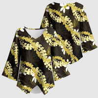 Puakenikeni Maile Lei Kimono Sleeve Blouse Frangipani Yellow Tropical Leaves LT01 - Polynesian Pride