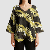 Puakenikeni Maile Lei Kimono Sleeve Blouse Frangipani Yellow Tropical Leaves LT01 - Polynesian Pride