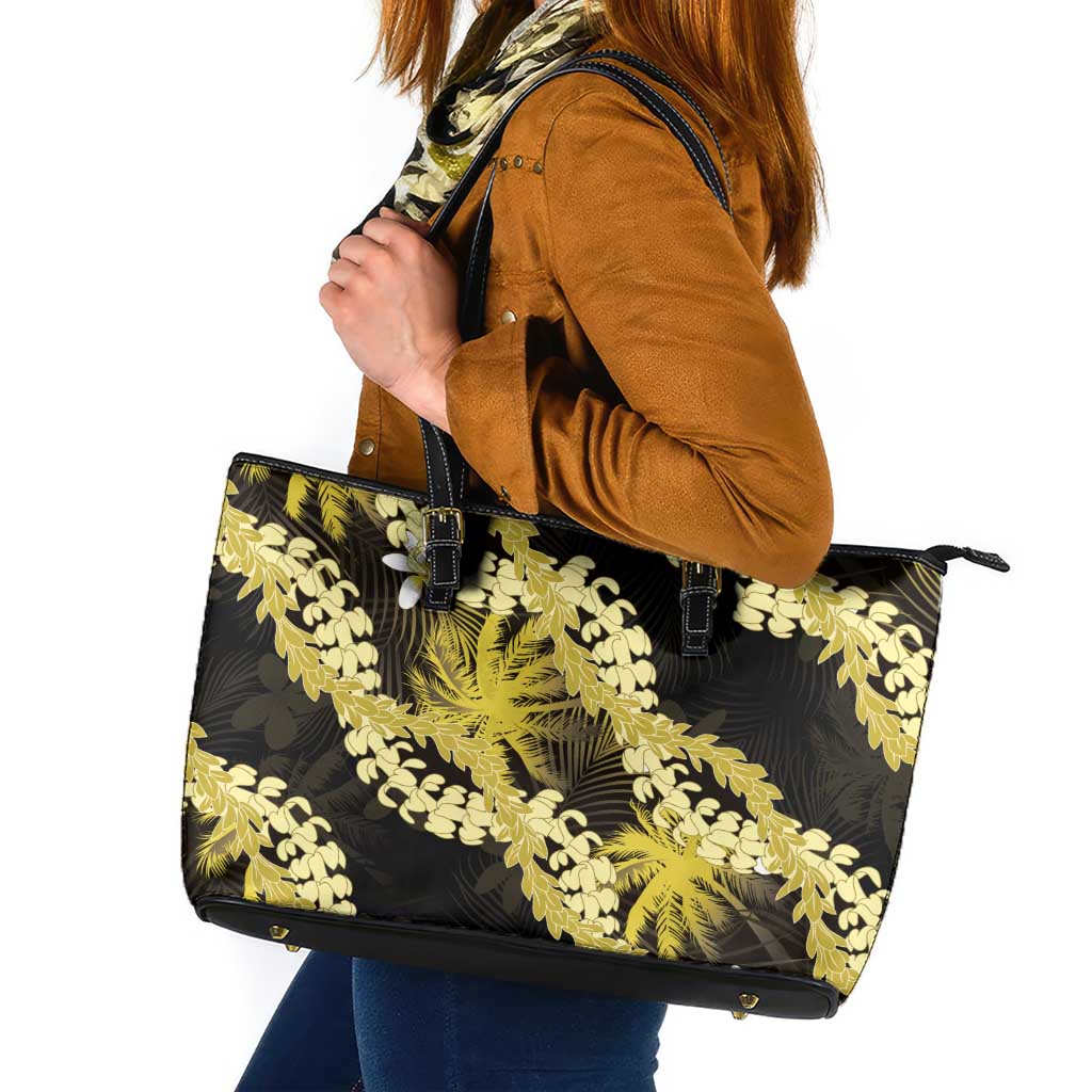 Puakenikeni Maile Lei Leather Tote Bag Frangipani Yellow Tropical Leaves LT01 Yellow - Polynesian Pride