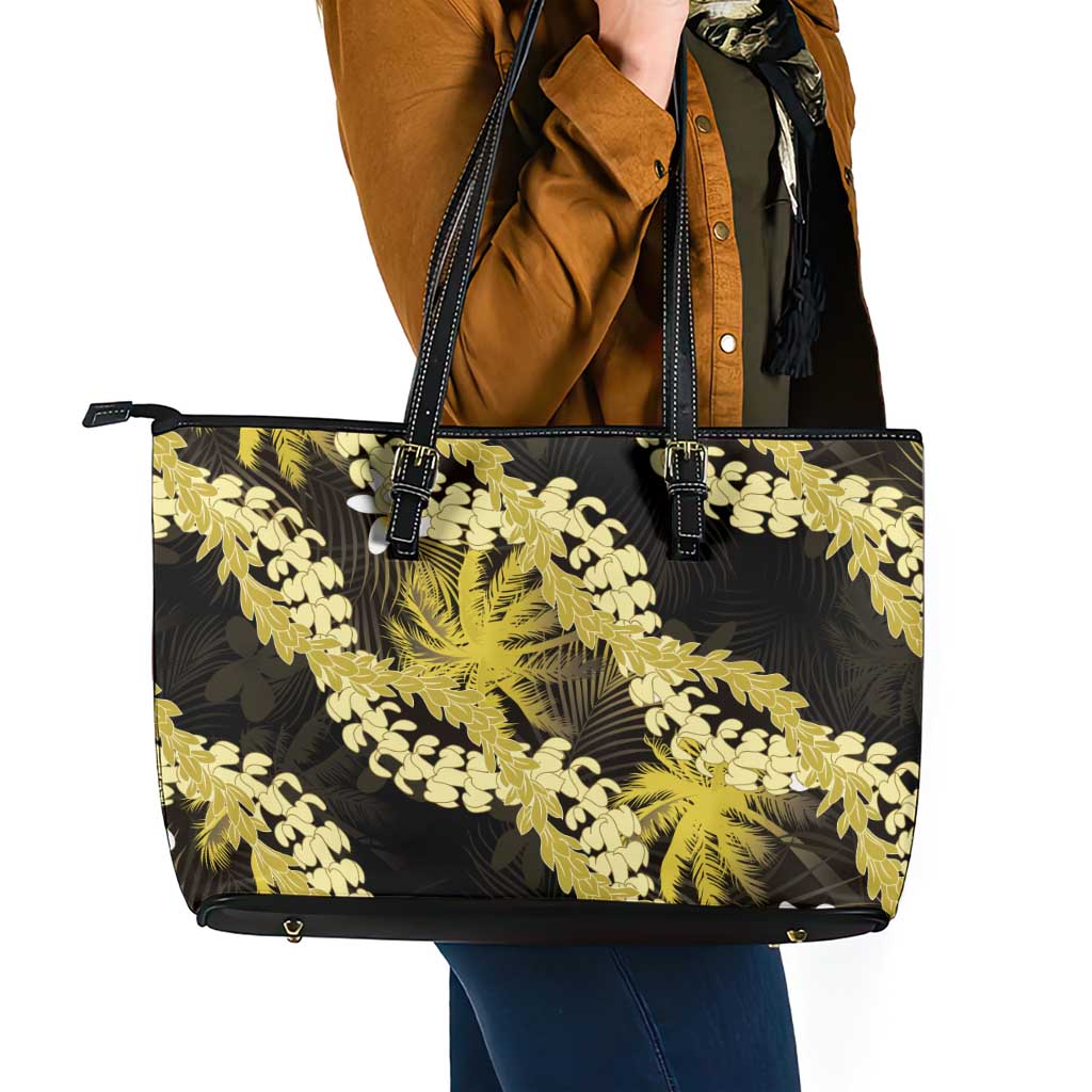 Puakenikeni Maile Lei Leather Tote Bag Frangipani Yellow Tropical Leaves LT01 - Polynesian Pride