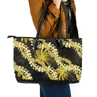 Puakenikeni Maile Lei Leather Tote Bag Frangipani Yellow Tropical Leaves LT01 - Polynesian Pride
