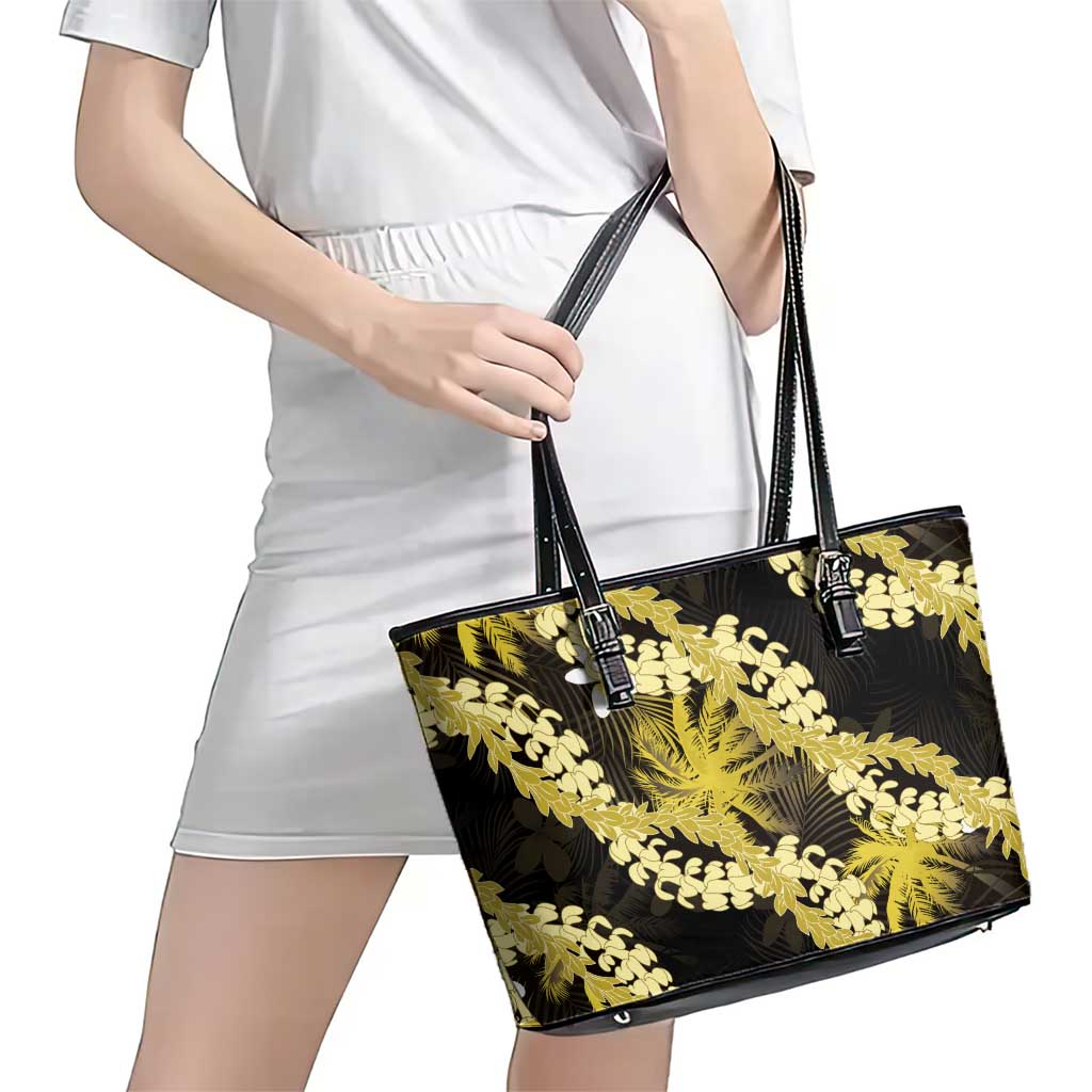 Puakenikeni Maile Lei Leather Tote Bag Frangipani Yellow Tropical Leaves LT01 - Polynesian Pride