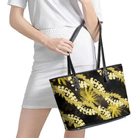 Puakenikeni Maile Lei Leather Tote Bag Frangipani Yellow Tropical Leaves LT01 - Polynesian Pride