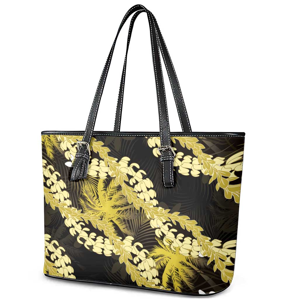 Puakenikeni Maile Lei Leather Tote Bag Frangipani Yellow Tropical Leaves LT01 - Polynesian Pride