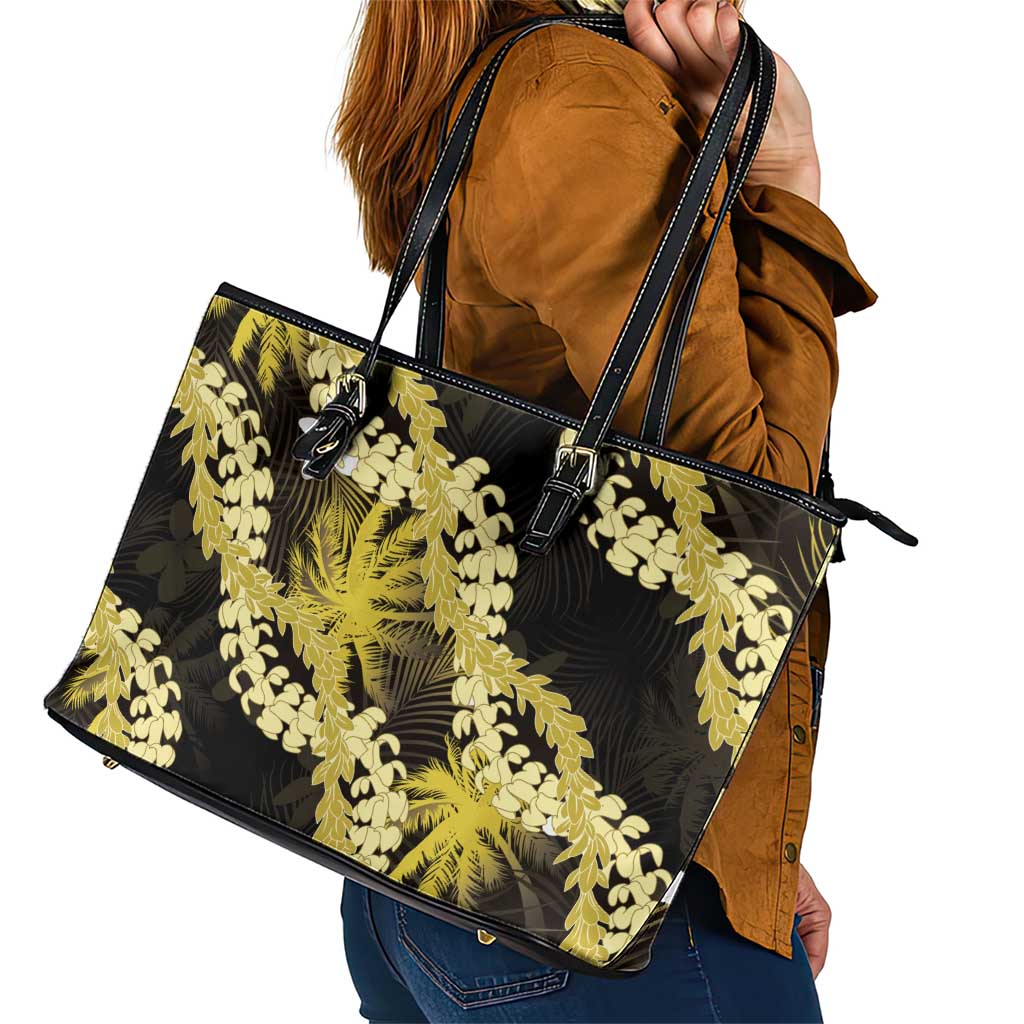 Puakenikeni Maile Lei Leather Tote Bag Frangipani Yellow Tropical Leaves LT01 - Polynesian Pride