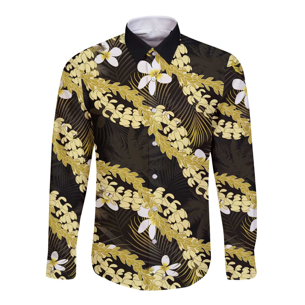 Puakenikeni Maile Lei Long Sleeve Button Shirt Frangipani Yellow Tropical Leaves
