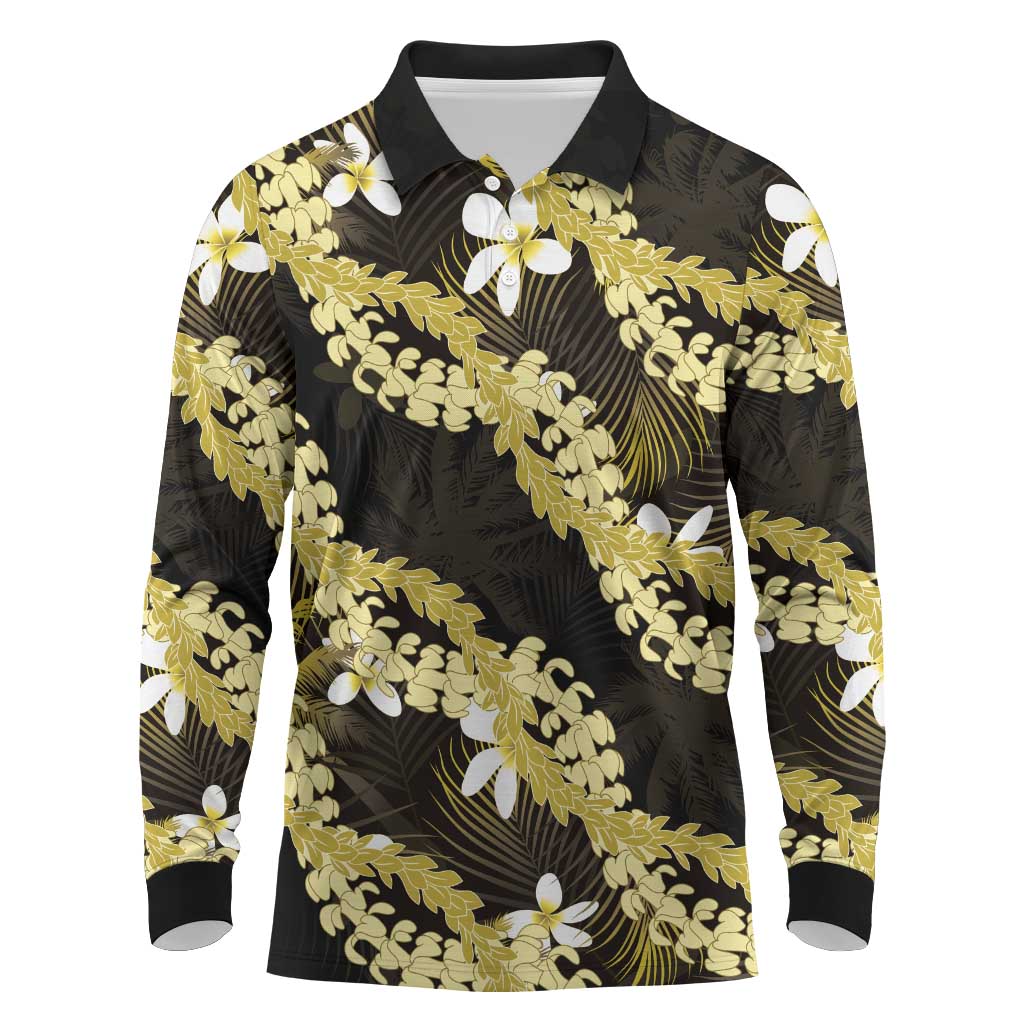 Puakenikeni Maile Lei Long Sleeve Polo Shirt Frangipani Yellow Tropical Leaves