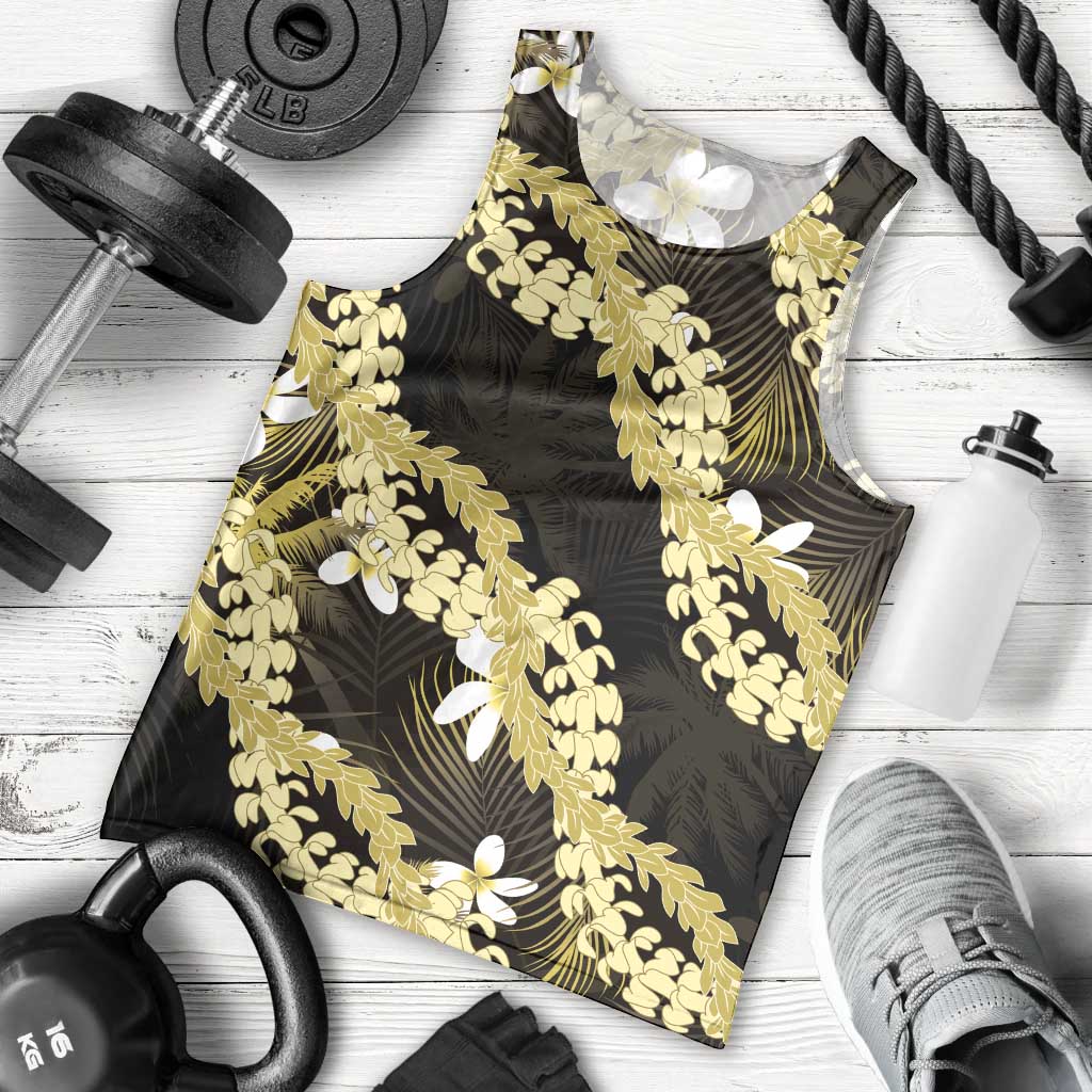 Puakenikeni Maile Lei Men Tank Top Frangipani Yellow Tropical Leaves LT01 - Polynesian Pride