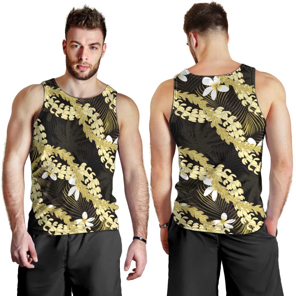 Puakenikeni Maile Lei Men Tank Top Frangipani Yellow Tropical Leaves LT01 - Polynesian Pride