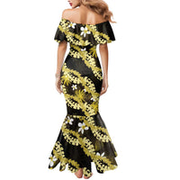 Puakenikeni Maile Lei Mermaid Dress Frangipani Yellow Tropical Leaves