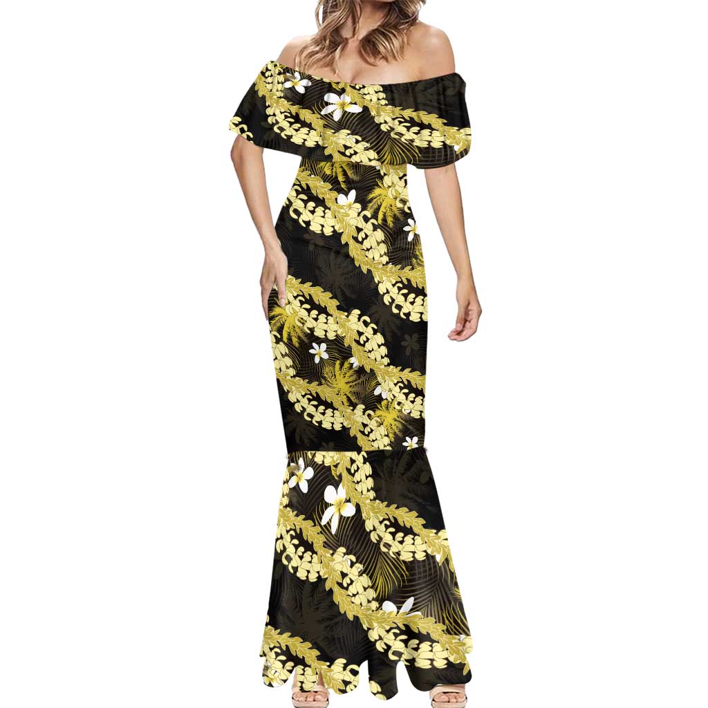 Puakenikeni Maile Lei Mermaid Dress Frangipani Yellow Tropical Leaves