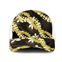Puakenikeni Maile Lei Mesh Trucker Cap Frangipani Yellow Tropical Leaves