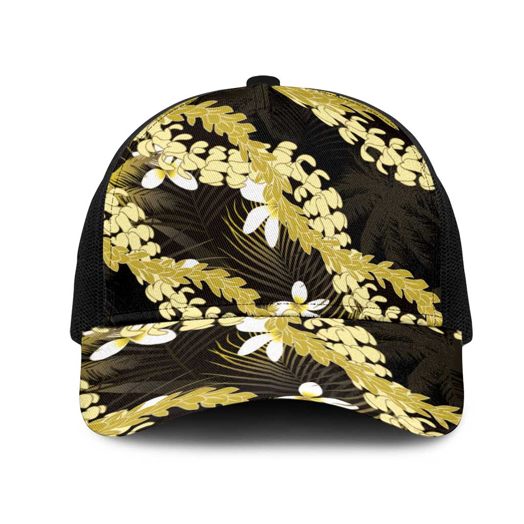 Puakenikeni Maile Lei Mesh Trucker Cap Frangipani Yellow Tropical Leaves