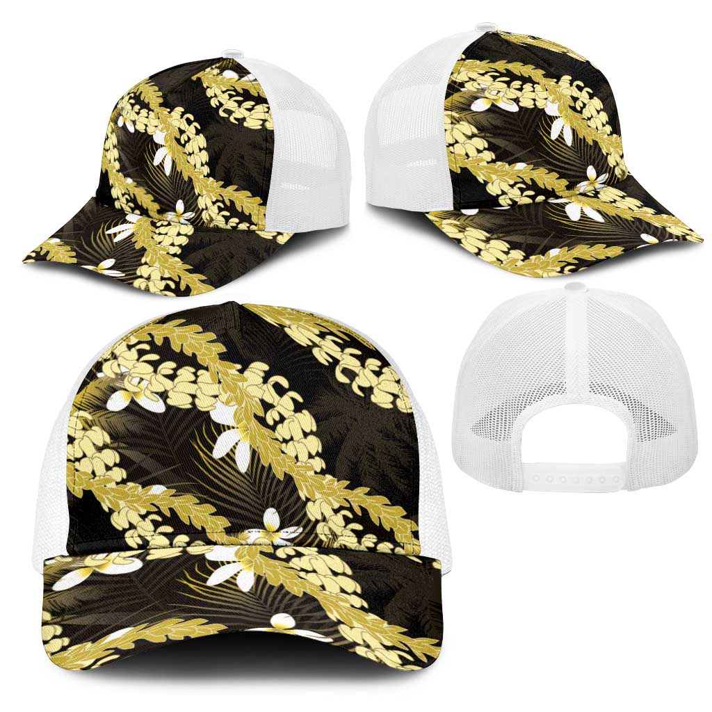 Puakenikeni Maile Lei Mesh Trucker Cap Frangipani Yellow Tropical Leaves
