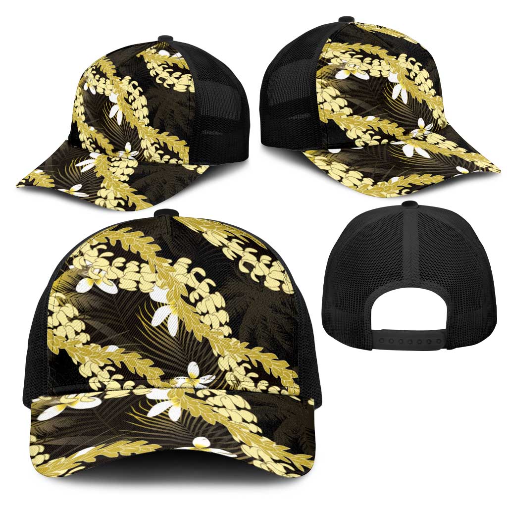 Puakenikeni Maile Lei Mesh Trucker Cap Frangipani Yellow Tropical Leaves