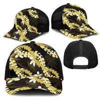 Puakenikeni Maile Lei Mesh Trucker Cap Frangipani Yellow Tropical Leaves