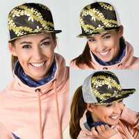 Puakenikeni Maile Lei Mesh Trucker Cap Frangipani Yellow Tropical Leaves