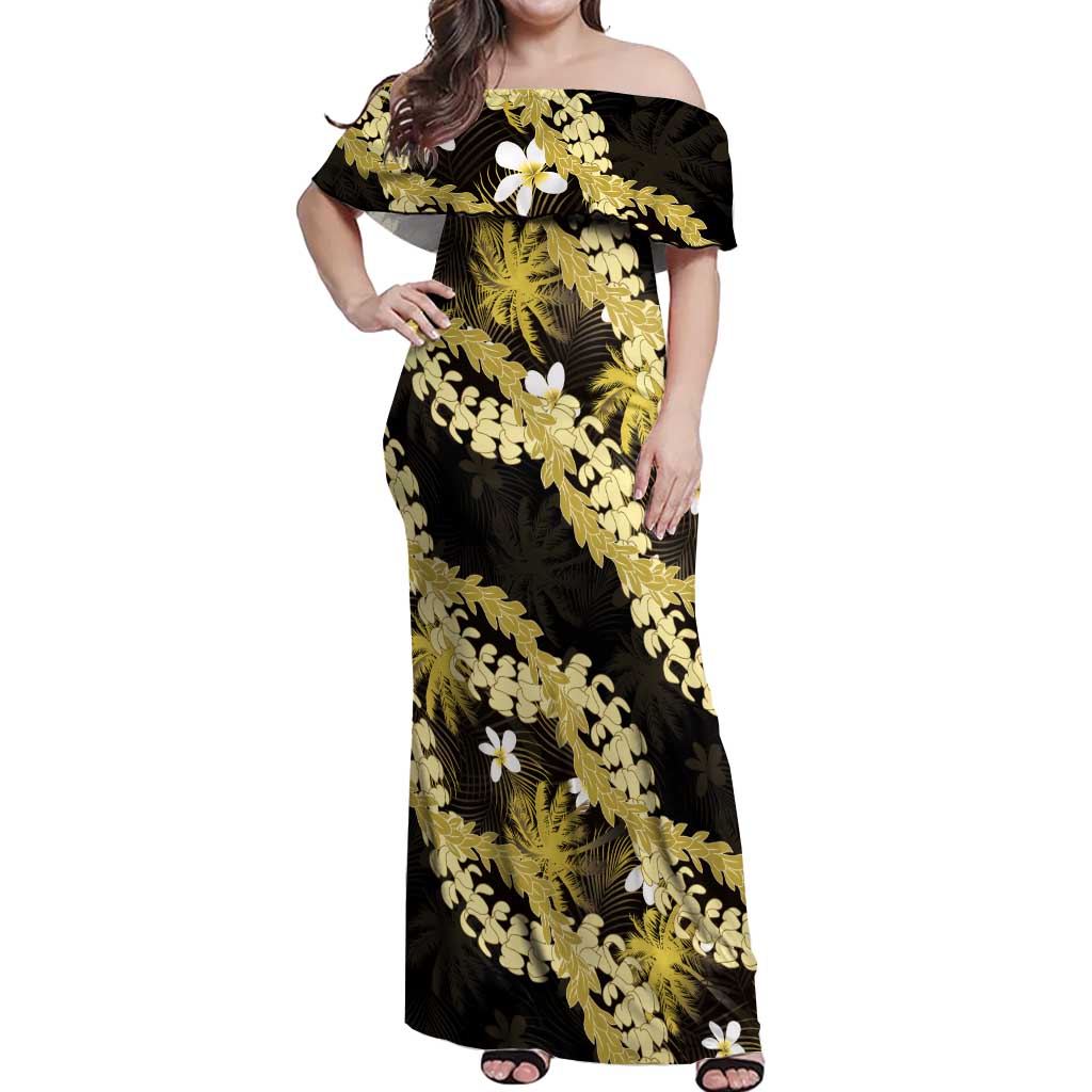 Puakenikeni Maile Lei Off Shoulder Maxi Dress Frangipani Yellow Tropical Leaves