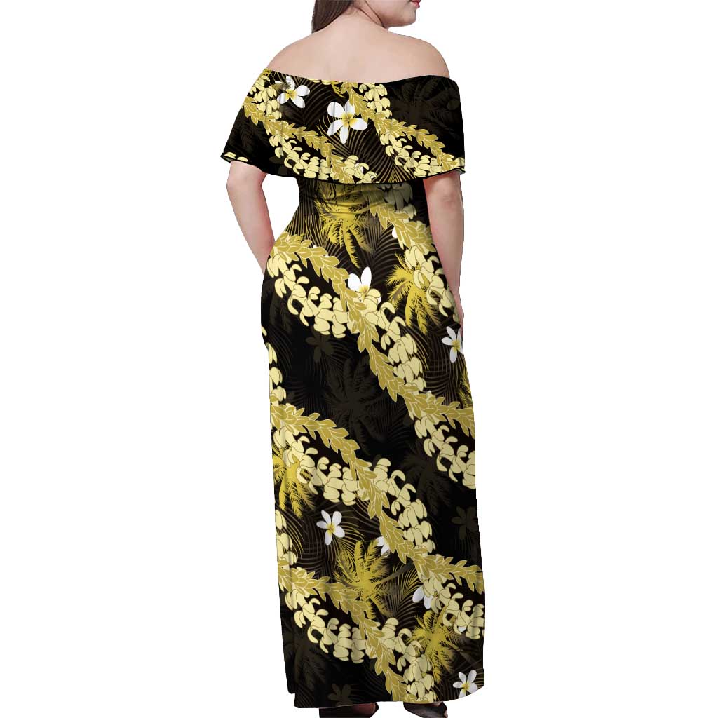 Puakenikeni Maile Lei Off Shoulder Maxi Dress Frangipani Yellow Tropical Leaves