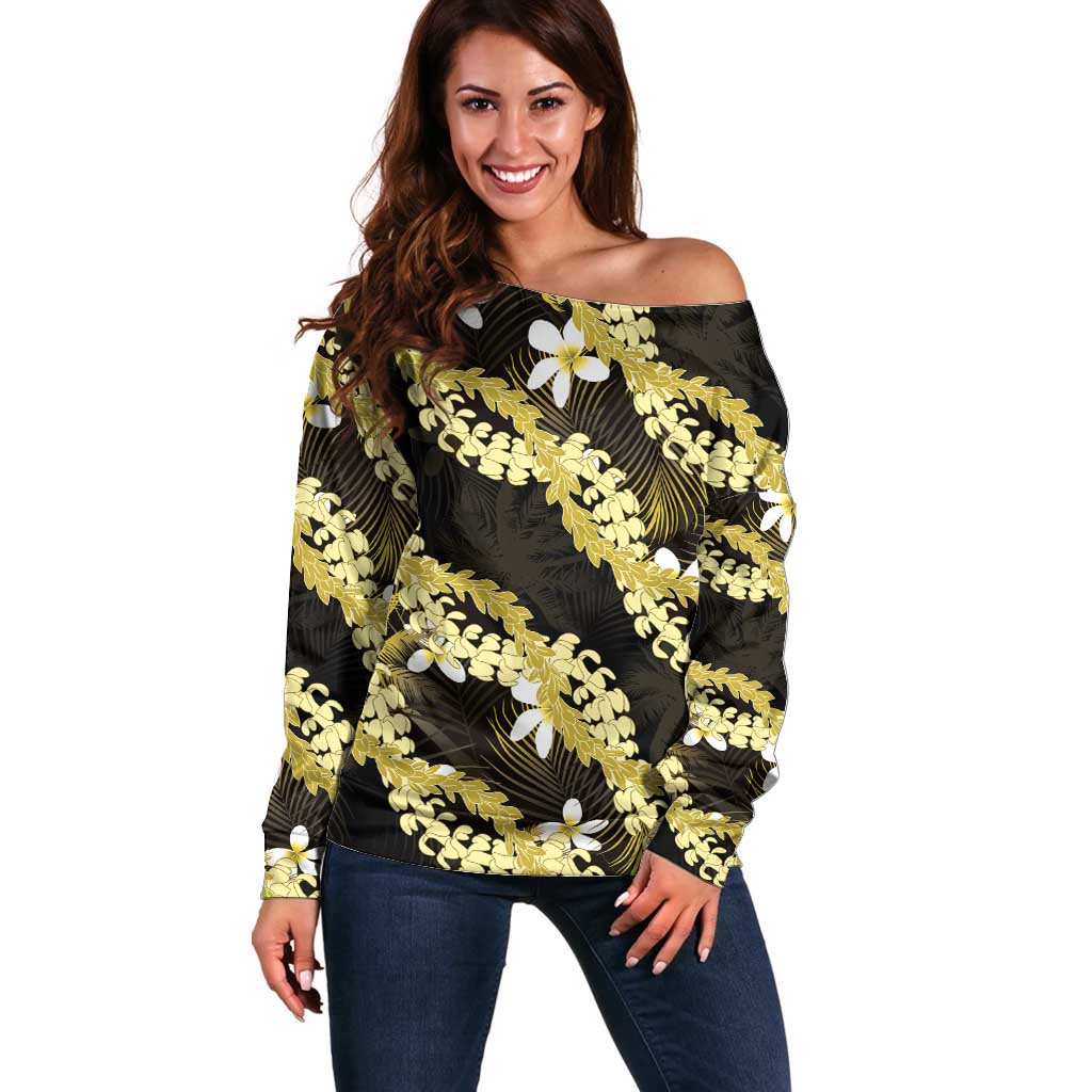 Puakenikeni Maile Lei Off Shoulder Sweater Frangipani Yellow Tropical Leaves LT01 Women Yellow - Polynesian Pride