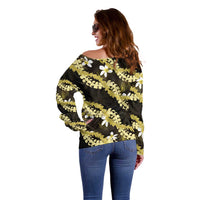 Puakenikeni Maile Lei Off Shoulder Sweater Frangipani Yellow Tropical Leaves LT01 - Polynesian Pride