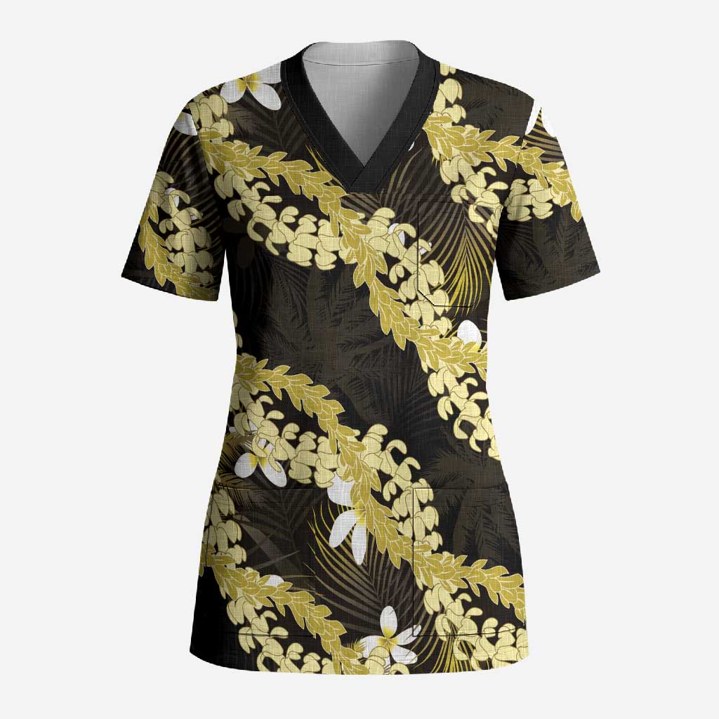 Puakenikeni Maile Lei Scrub Top Frangipani Yellow Tropical Leaves LT01 Adult Yellow - Polynesian Pride