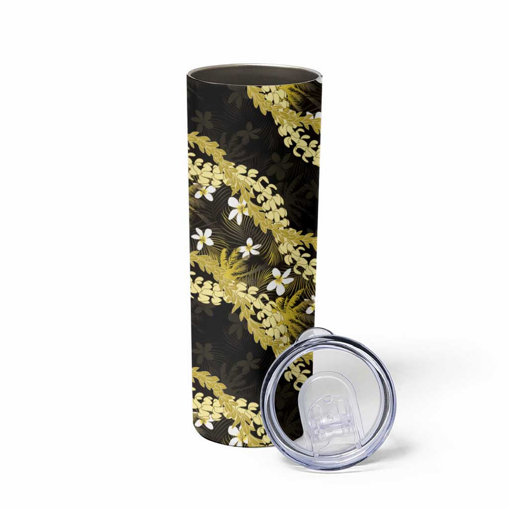 Puakenikeni Maile Lei Skinny Tumbler Frangipani Yellow Tropical Leaves LT01 - Polynesian Pride
