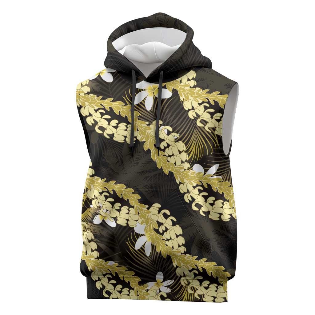 Puakenikeni Maile Lei Sleeveless Hoodie Frangipani Yellow Tropical Leaves