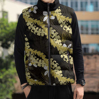 Puakenikeni Maile Lei Sleeveless Puffer Jacket Frangipani Yellow Tropical Leaves LT01 - Polynesian Pride
