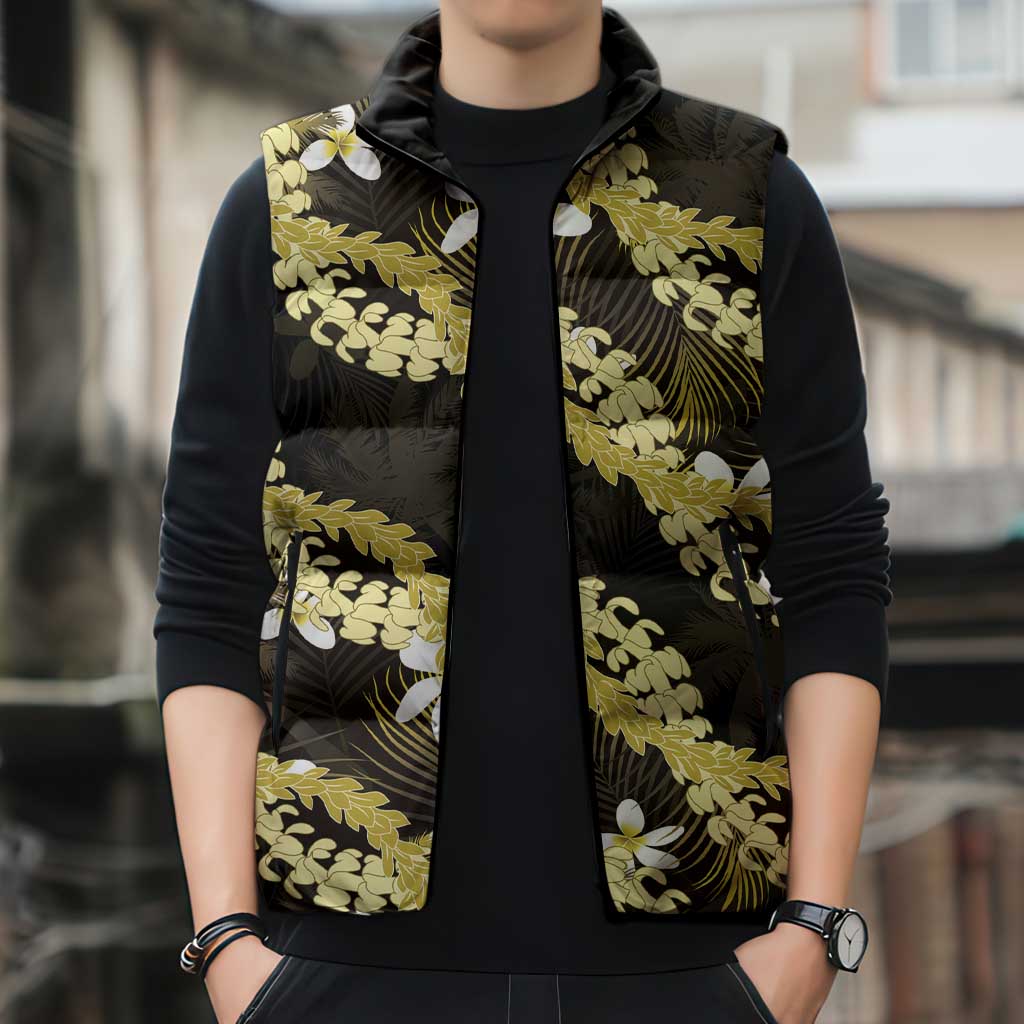 Puakenikeni Maile Lei Sleeveless Puffer Jacket Frangipani Yellow Tropical Leaves LT01 - Polynesian Pride