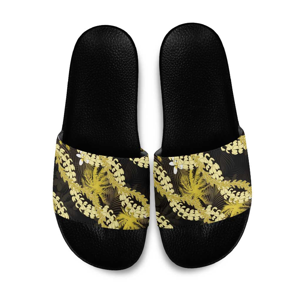 Puakenikeni Maile Lei Slide Sandals Frangipani Yellow Tropical Leaves LT01 Yellow - Polynesian Pride