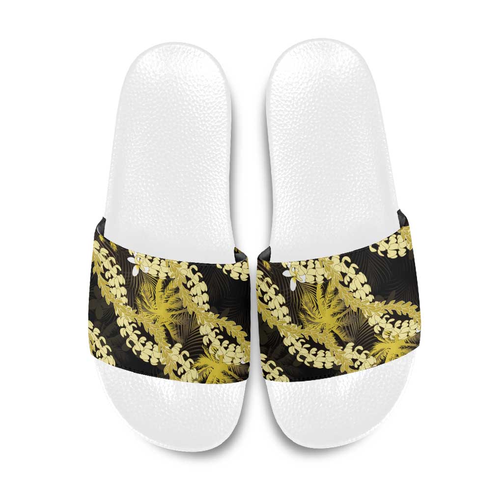 Puakenikeni Maile Lei Slide Sandals Frangipani Yellow Tropical Leaves LT01 Yellow - Polynesian Pride