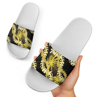 Puakenikeni Maile Lei Slide Sandals Frangipani Yellow Tropical Leaves LT01 - Polynesian Pride