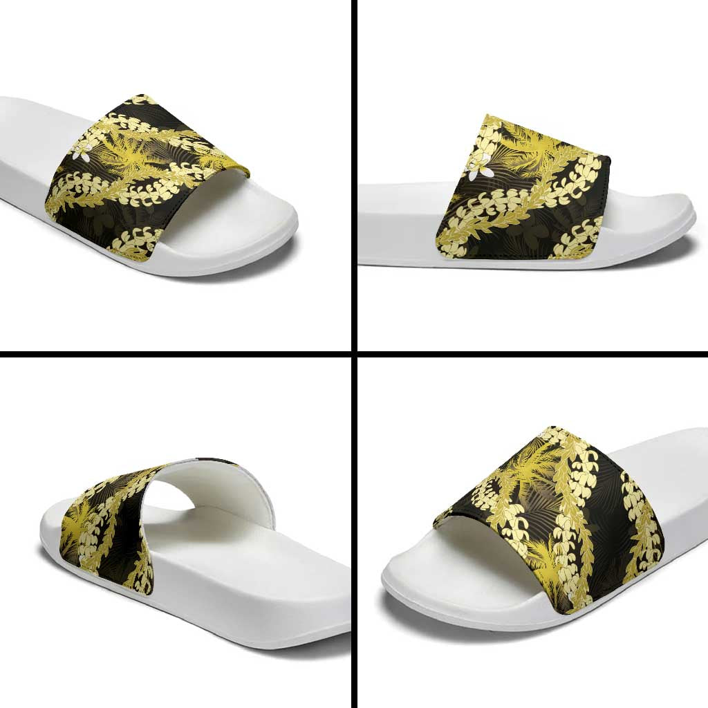 Puakenikeni Maile Lei Slide Sandals Frangipani Yellow Tropical Leaves LT01 - Polynesian Pride