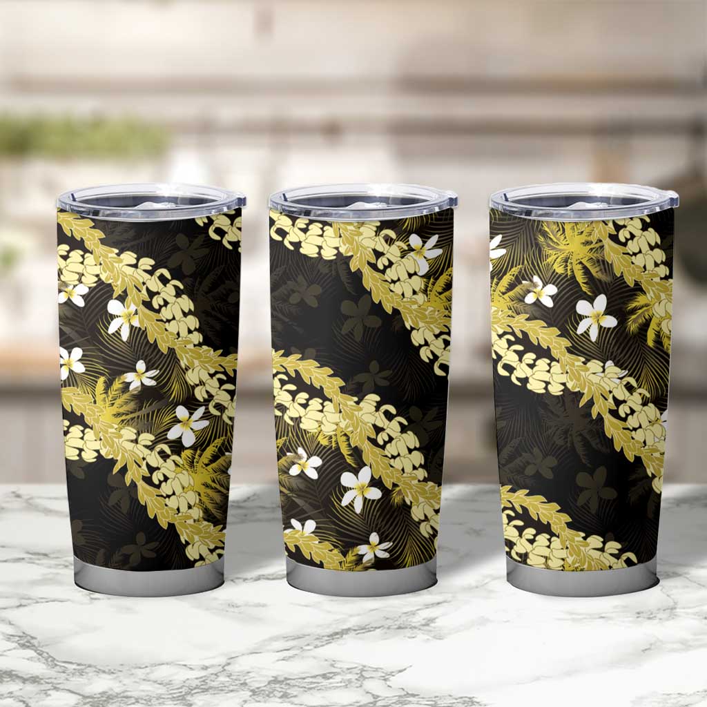 Puakenikeni Maile Lei Tumbler Cup Frangipani Yellow Tropical Leaves LT01 - Polynesian Pride