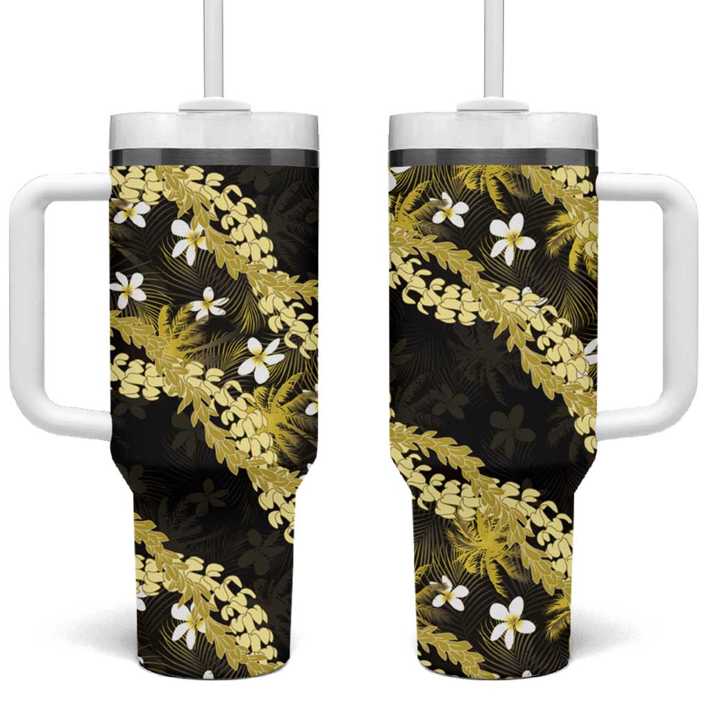 Puakenikeni Maile Lei Tumbler With Handle Frangipani Yellow Tropical Leaves LT01 One Size: 40 oz Yellow - Polynesian Pride