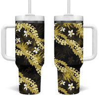 Puakenikeni Maile Lei Tumbler With Handle Frangipani Yellow Tropical Leaves LT01 One Size: 40 oz Yellow - Polynesian Pride